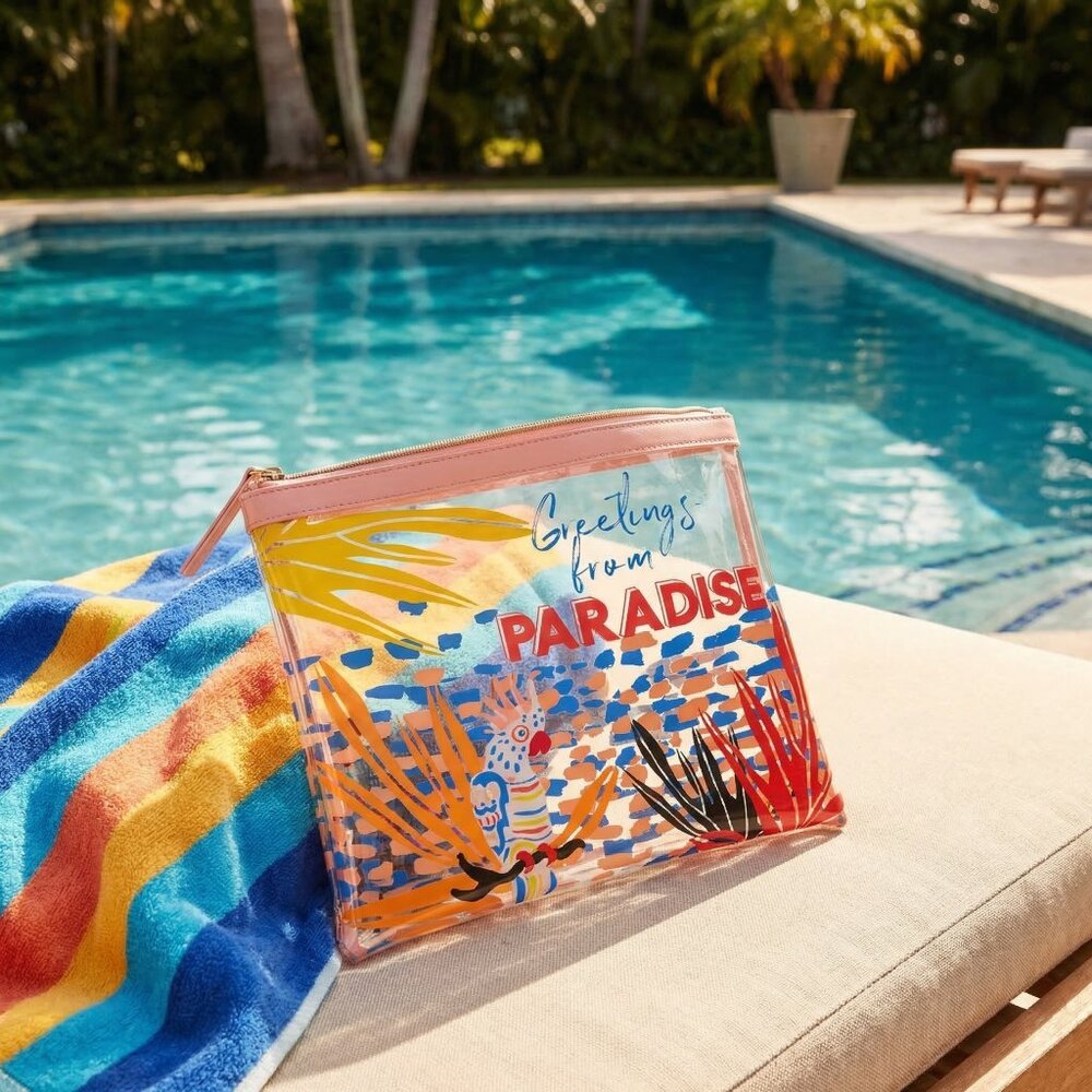Hola Beaches Greetings from Paradise PVC Bikini Bag NEW!